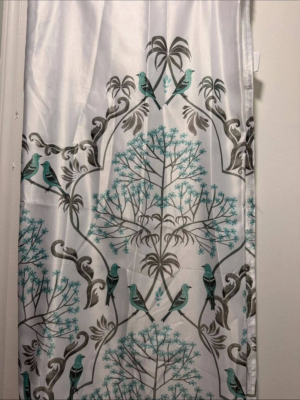 White Shower Curtain with Teal Bird & Gray Botanical Print